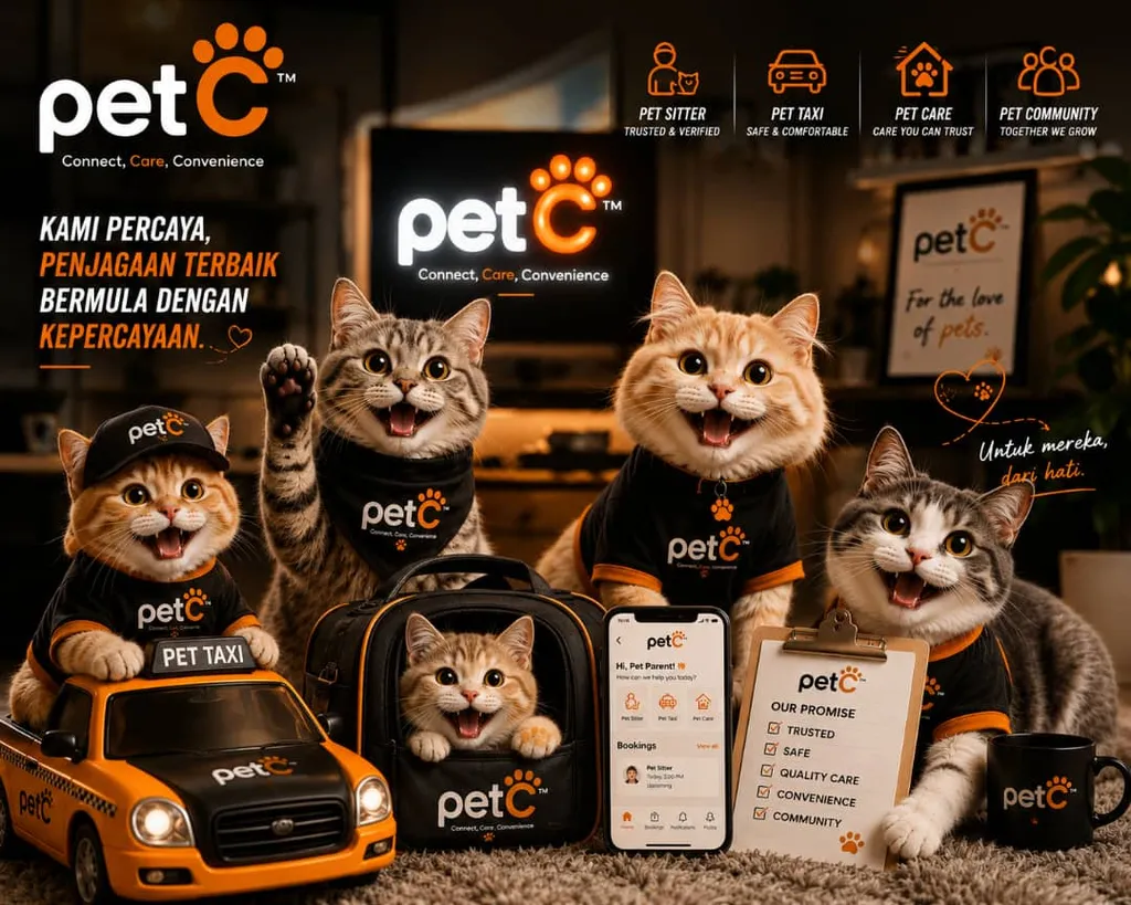 PetC — happy cats wearing PetC merchandise alongside a PetC pet taxi, carrier, mobile app and an Our Promise clipboard